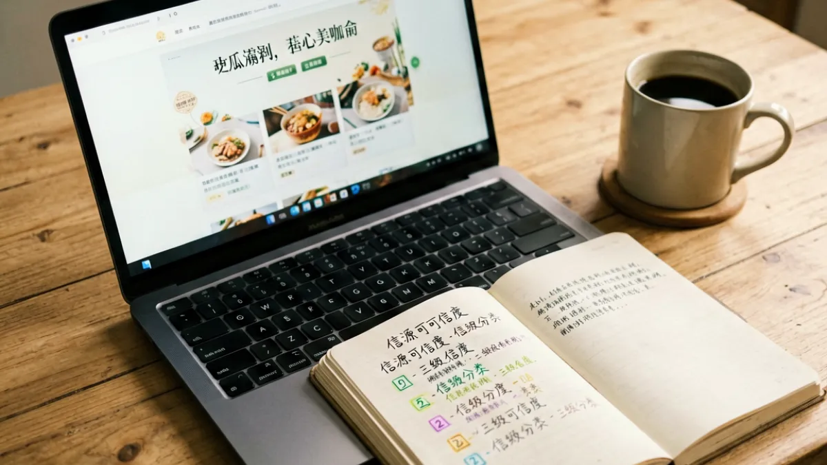 用户在笔记本电脑上整理吃瓜网事件信源可信度分级笔记，桌面上摆放着手写的信息核实清单