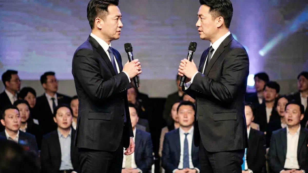 吃瓜网 - 颁奖礼舞台上两位业内人士面对面激烈讨论的场景，台下观众面露惊讶表情